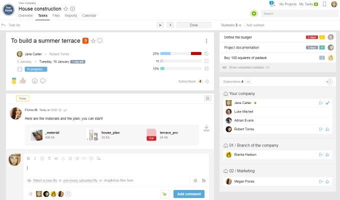 Vista detallada de tareas con subtareas y comentarios
