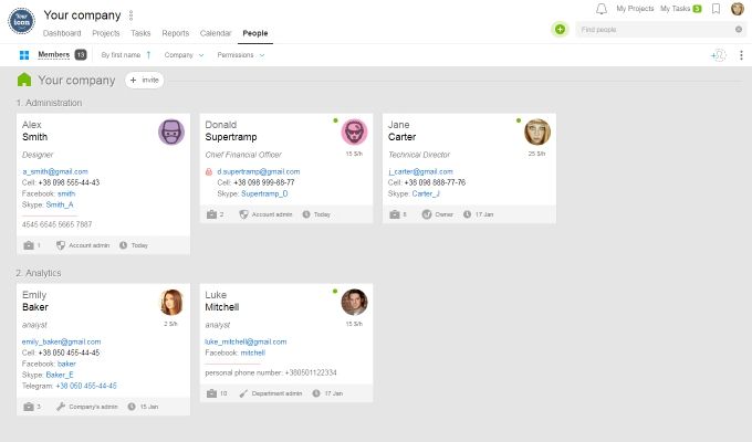 Aziende, gruppi, membri del team, clienti e contatti