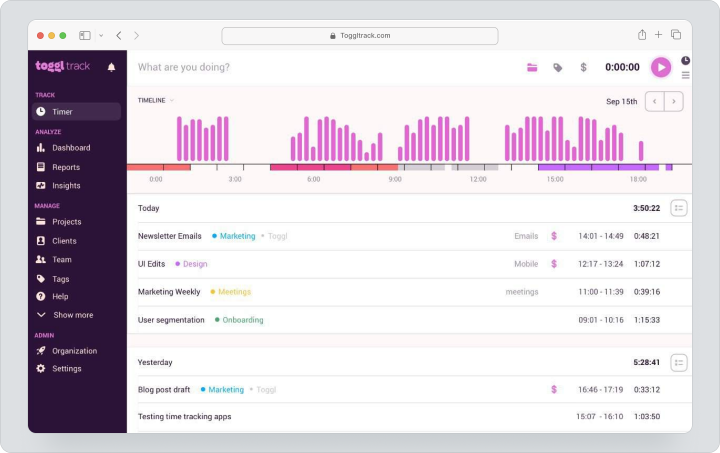 Toggl Track — интерфейс учёта времени