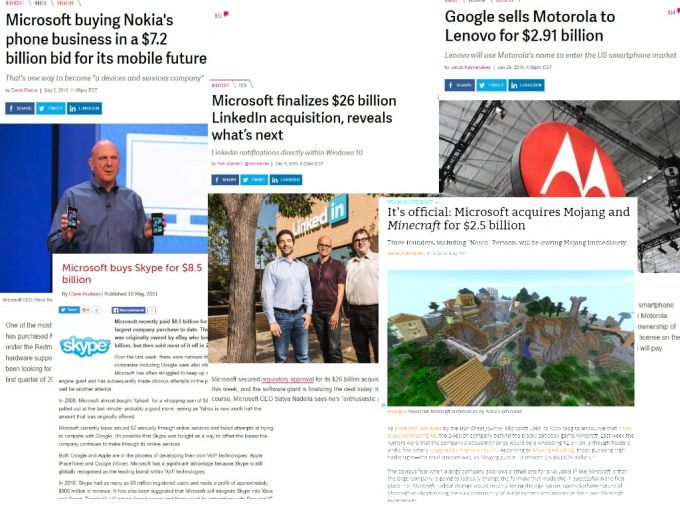 Microsoft пожирает Nokia и Skype, LinkedIn, Minecraft. Lenovo купил Motorola.