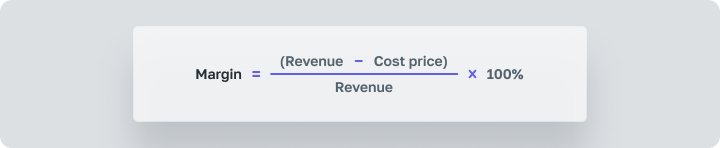 Margin = (Revenue – Cost) / Revenue x 100%