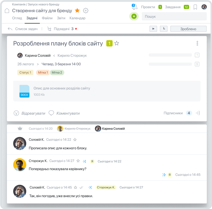 Коммуникация внутри задачи в системе управления проектами Worksection