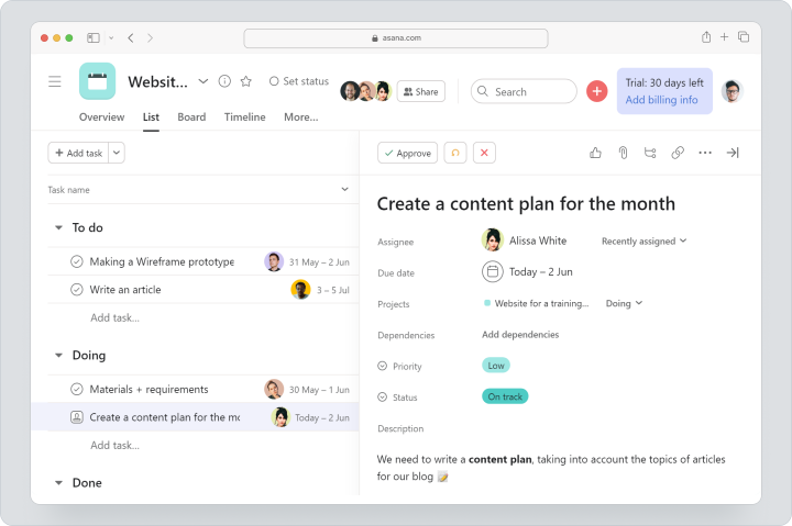Asana для управління задачами команди